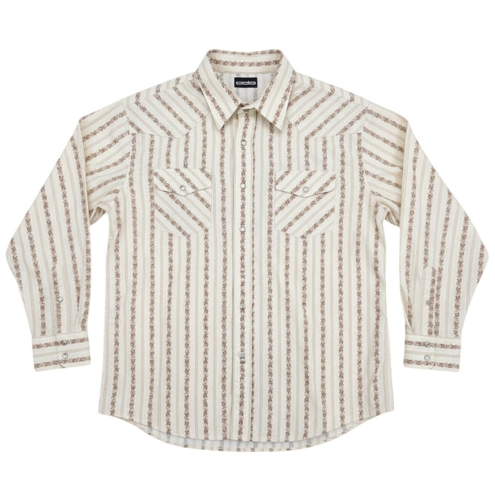 ODO Mens Western Pearl Snap Shirt Large Cream Brown Floral Stripe 100% Cotton